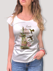 Camiseta 100% algodón "Jardín de Colibríes y Orquídeas"