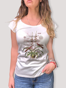 Camiseta 100% algodón "Colibríes y Orquídeas Rojas"