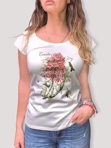 Camiseta 100% algodón "Orquídea Rosada y Colibríes"